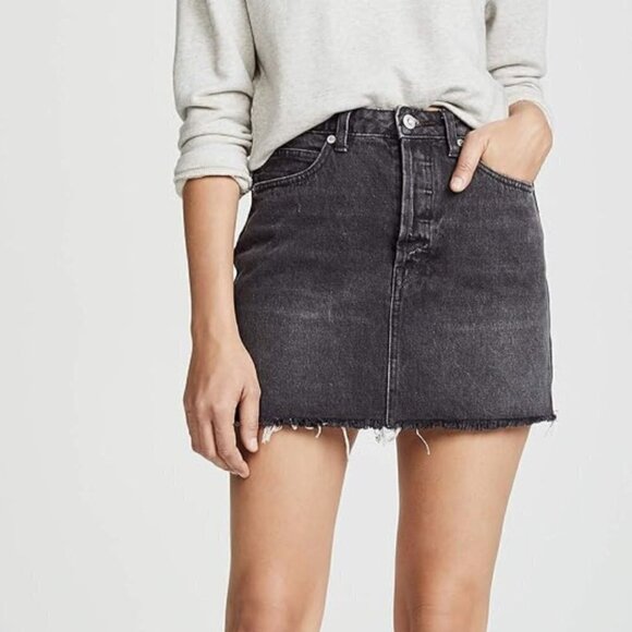 Free People Dresses & Skirts - NWT Free People Washed Black Denim Button Fly Raw Hem skirt, Size 30 (US 10)